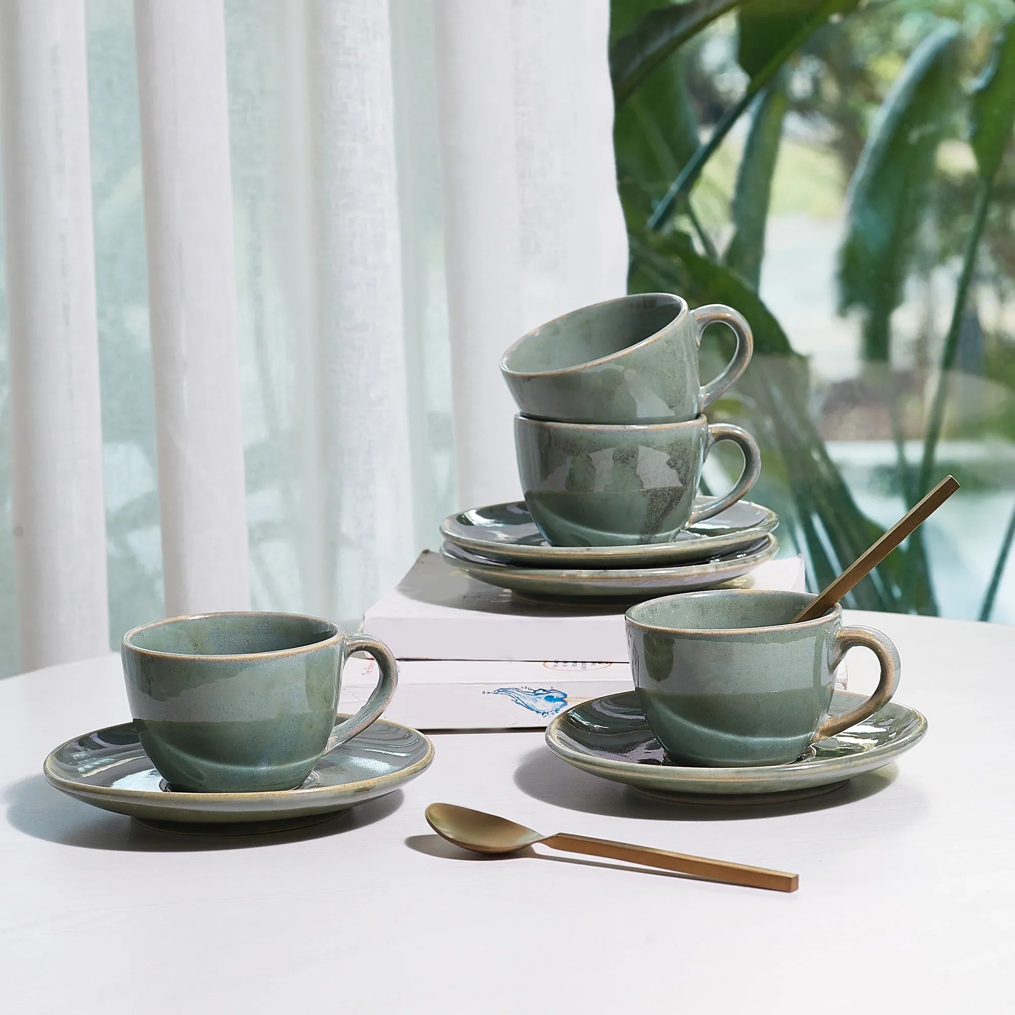 Hygge Studio Pottery Stoneware Cup & Saucer Set of 4 in Sage Green Colour - HomeTown