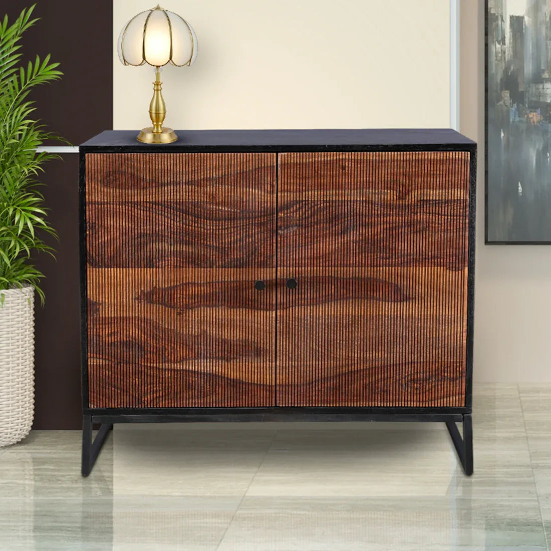 Sven Sheesham Wood(Rosewood) Two Door Sideboard in Natural Sheesham & Black Colour - HomeTown