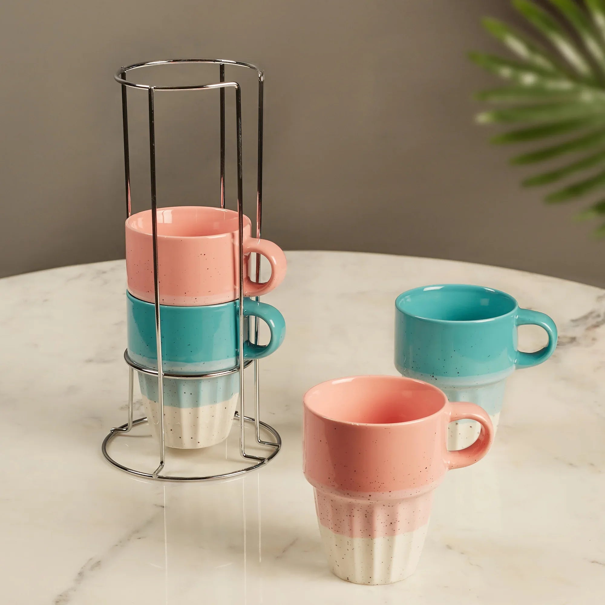 Emilia Ceramic Coffee Mugs Set Of 4 With Metal Stand in Blue & Pink Colour - HomeTown