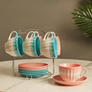 Emilia Ceramic Cup & Saucer Set Of 12 With Metal Stand in Blue & Pink Colour - HomeTown