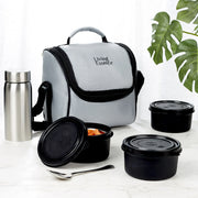Microsafe 100% BPA Free Plastic & Stainless Steel Exa Lunch Box 400ml Set of 3 + Steel Bottle 500ml + Spoon + Carry Bag in Grey Colour - HomeTown