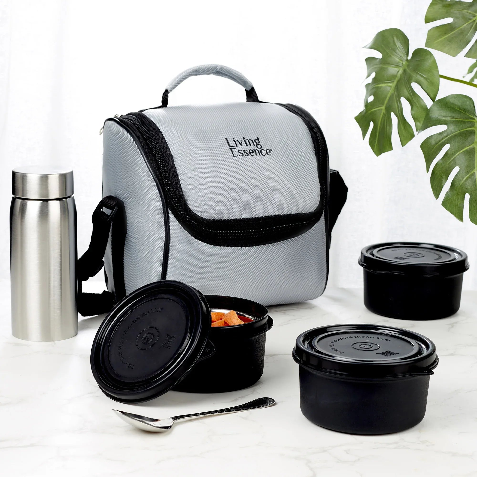 Microsafe 100% BPA Free Plastic & Stainless Steel Exa Lunch Box 400ml Set of 3 + Steel Bottle 500ml + Spoon + Carry Bag in Grey Colour - HomeTown