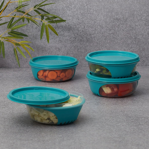 Kitchen Mate  Food Storage Round Container 450 Ml With Freezer & Microwave Safe & Bpa Free Set Of 4 in Teal Colour dimensions