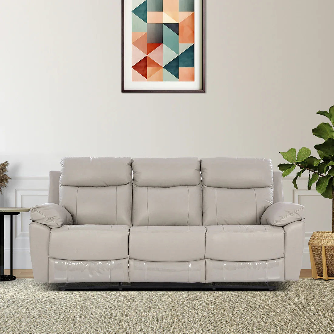 Quantum Half Leather Three Seater Recliner in Light Grey Colour - HomeTown