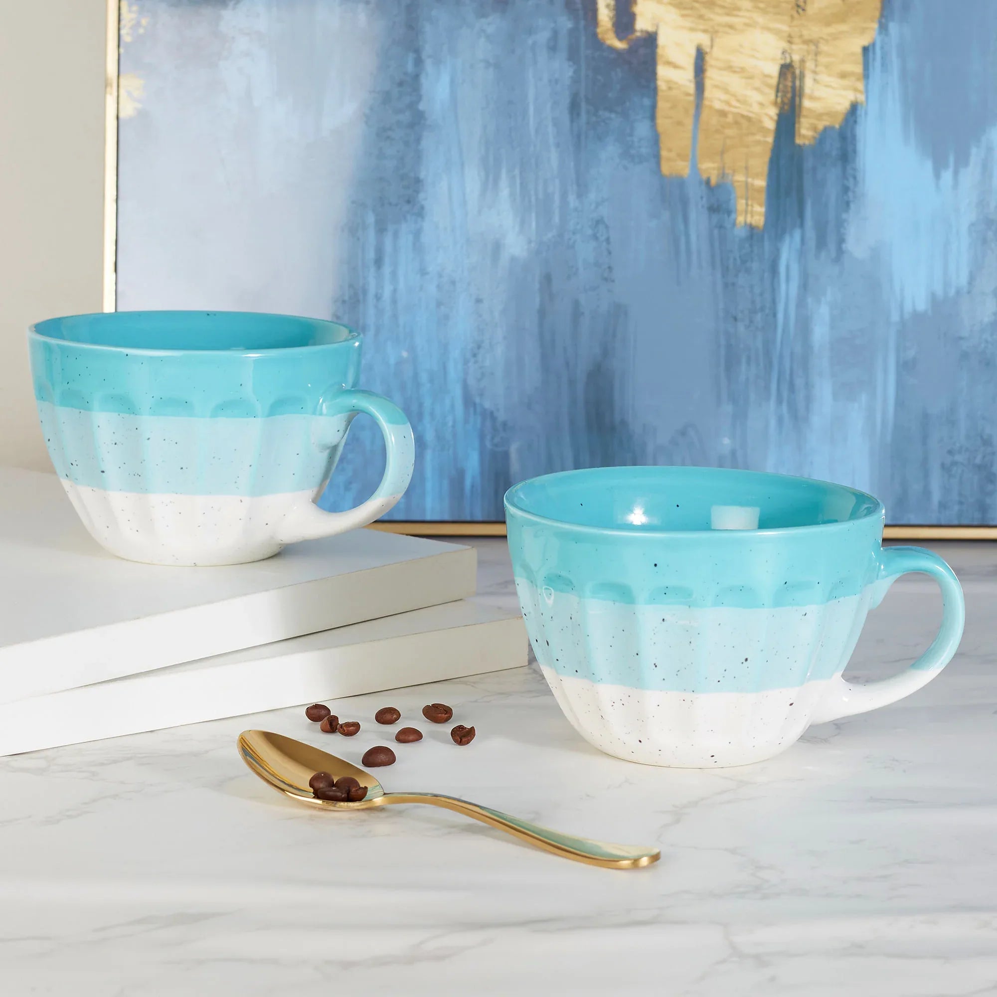 Emilia Ceramic Cappucino/Coffee Mug 400ml Set of 2 in Dusky Blue Colour - HomeTown