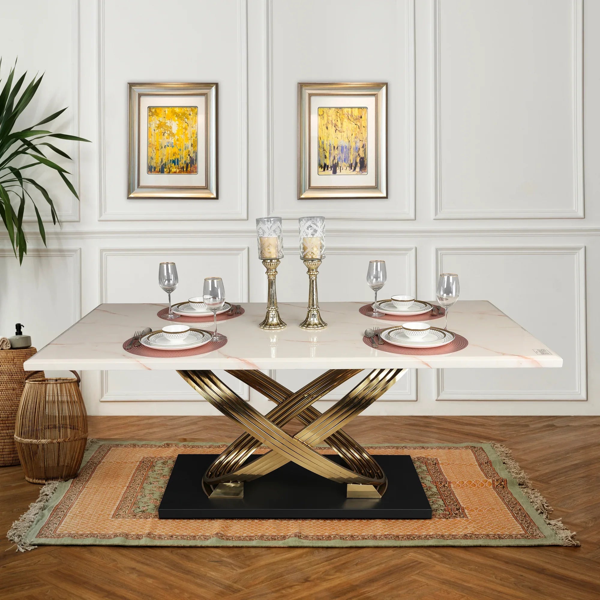 Henry Marble Finish Six Seater Dining Table in Beige & Gold Colour - HomeTown