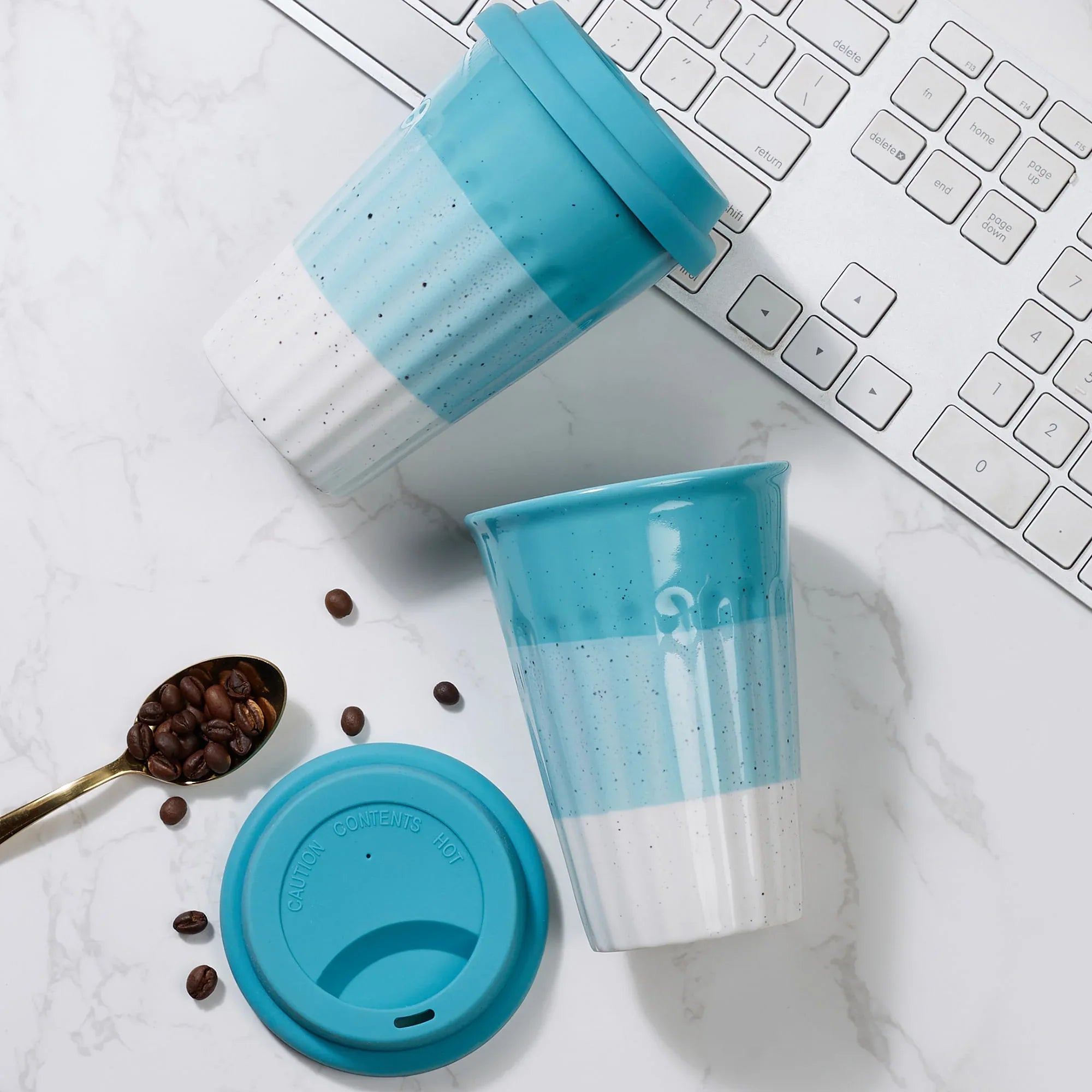 Emilia Ceramic Travel Flask/Mug 420ml Set of 2 in Dusky Blue Colour - HomeTown