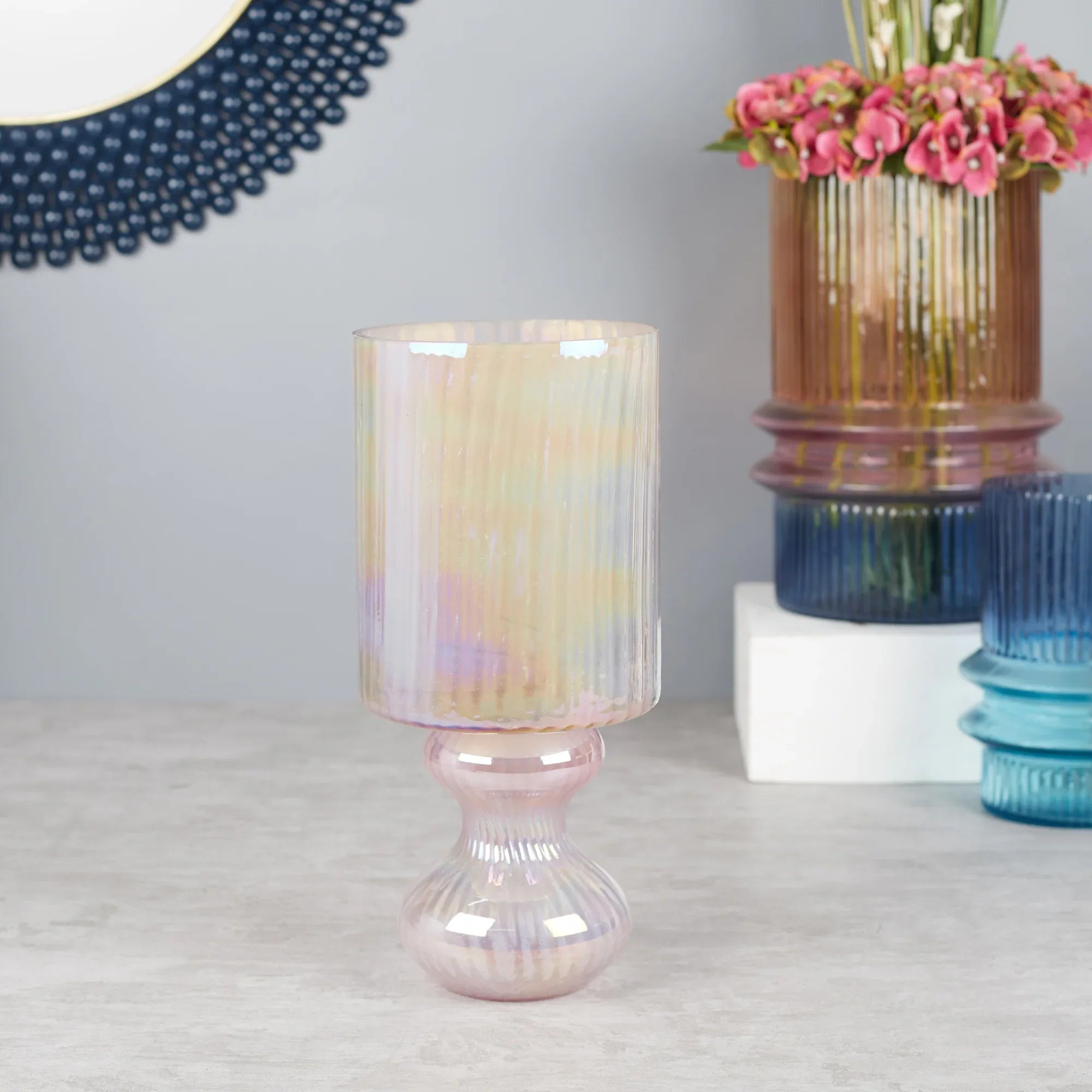 Phiona Glass Fluted Handcrafted Hurricane 33 Cm in Blush Colour - HomeTown