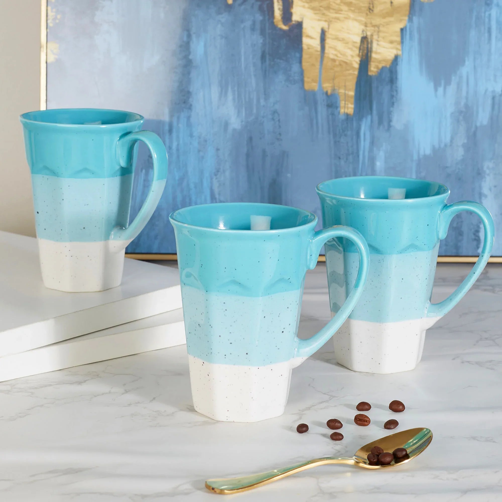 Emilia Ceramic Coffee Mug 370ml Set of 3 in Dusky Blue Colour - HomeTown
