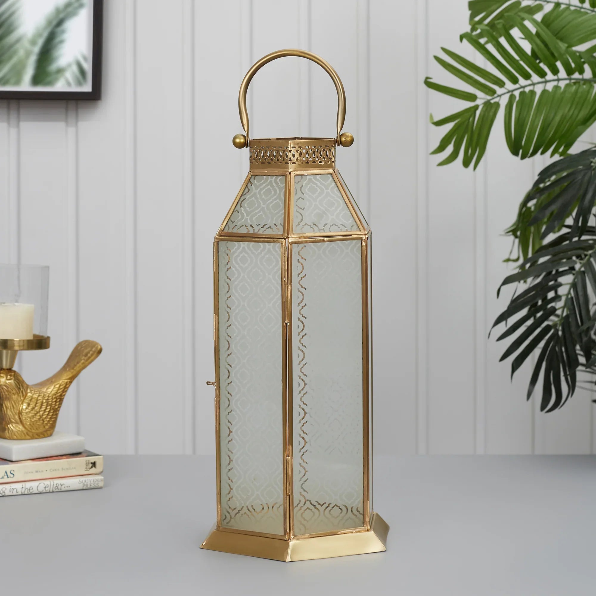 Apollo Iron and Glass Hexagon Lantern 19x43 Cm in Emerald & Gold Colour - HomeTown