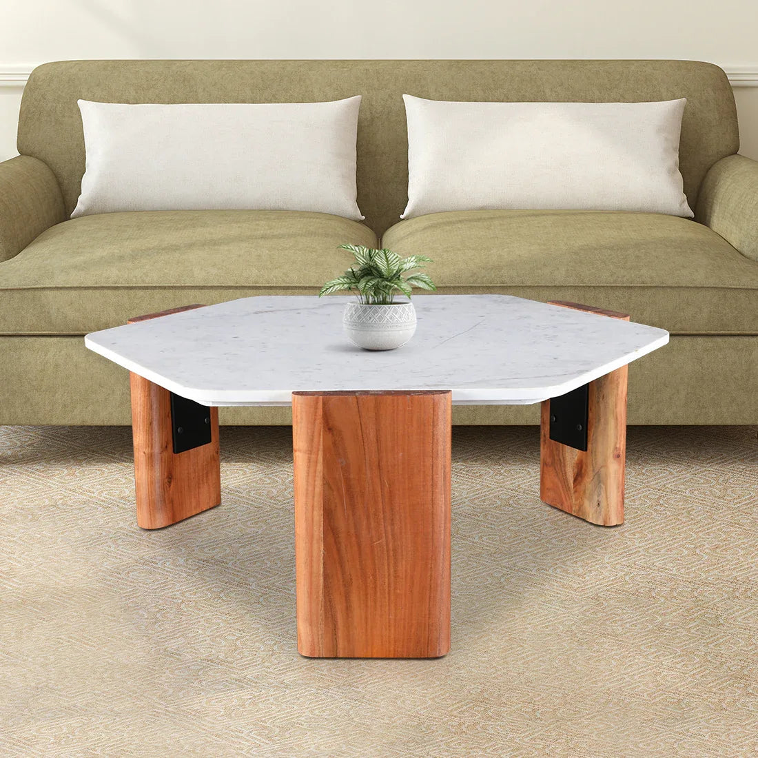 Hana Marble & Wood Center Table in White & Brown Colour