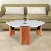 Hana Marble & Wood Center Table in White & Brown Colour