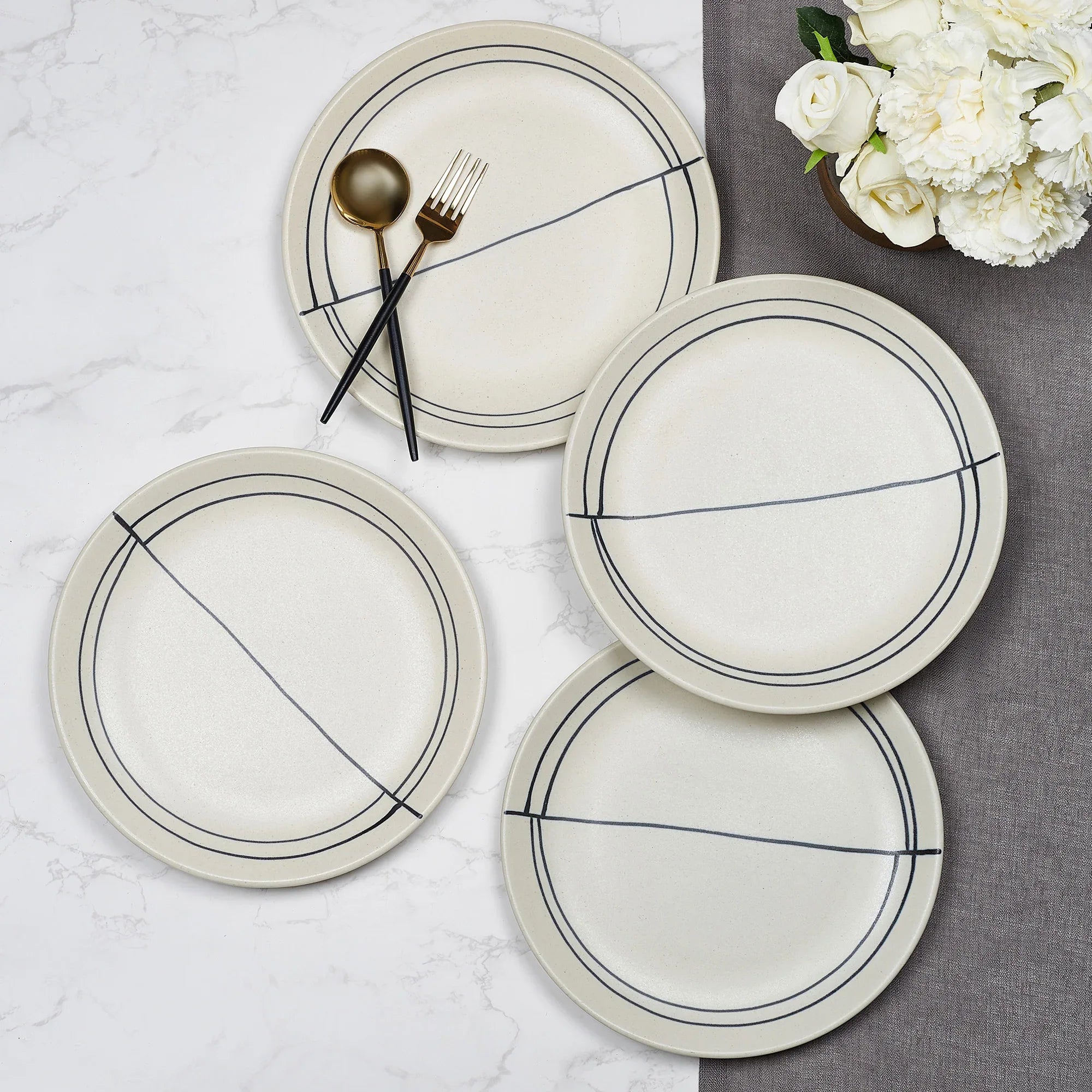 Artisanal Studio Pottery Stoneware Dinner Plate Set of 4 in Black & Ecru Colour - HomeTown