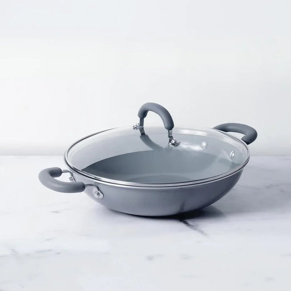 Anzen Ceramic Coated Aluminium Kadai With Lid 30Cm 4.30 Ltr in Grey Colour dimensions