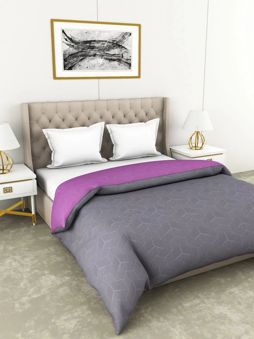 Botanical Cotton Double Comforter 229X254 Cm 210 Tc in Grey/Purple Colour - HomeTown