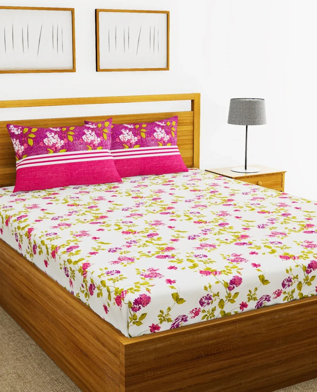 Chantal Cotton Double Bed Sheet 229X274 Cm 210 Tc in White/Plum Colour