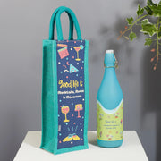 Good Life Jute Reversible Macaroon Printed Bottle Bag 12 x 35.5 Cm in Navy Colour - HomeTown