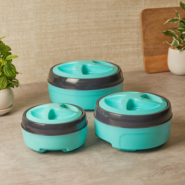 Fiesta Plastic and Stainless Steel Trio Double-Wall Insulated Casserole Set Of 3 in Teal Colour dimensions