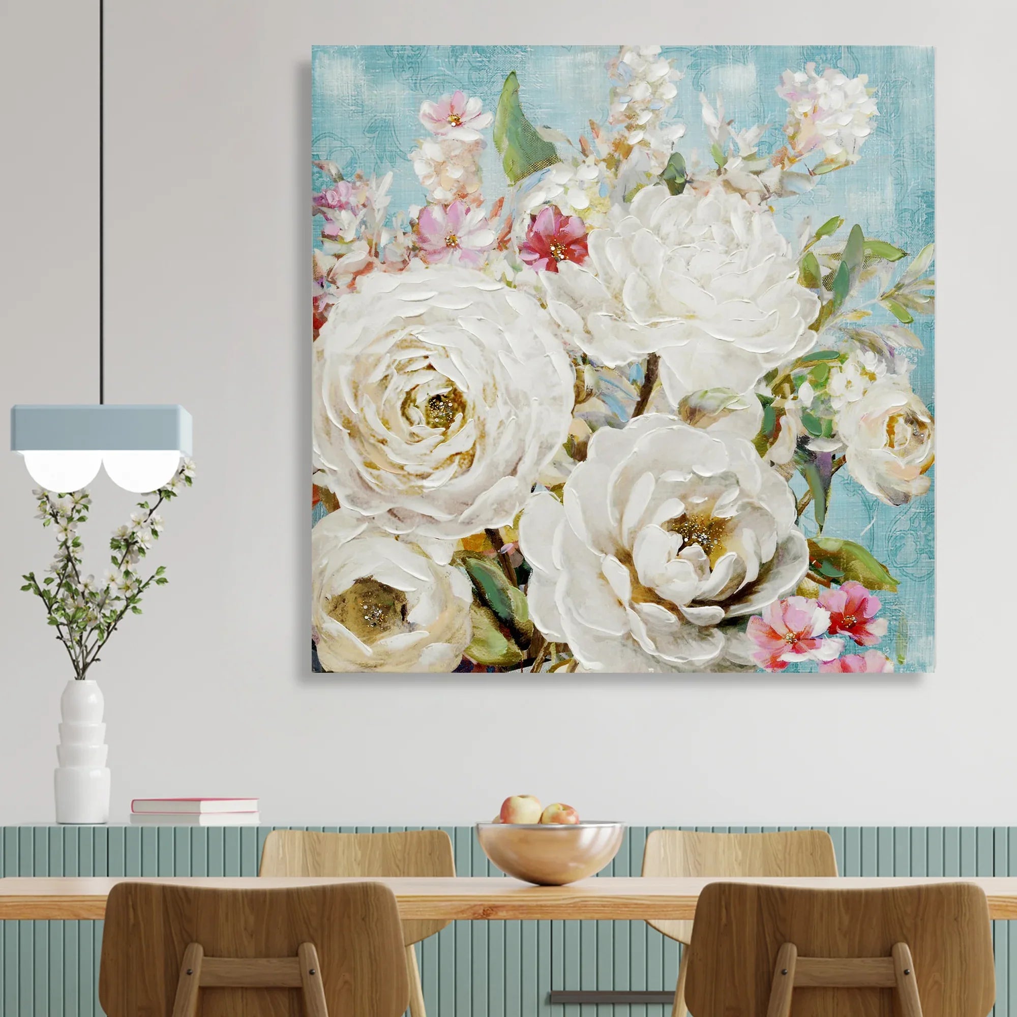 Ilona Fancy Flowers Handmade Canvas Painting With Glitter 100x100 Cm in White Colour - HomeTown