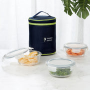 Boston Borosilicate Glass Microwave Safe Round Lunch box 400ml Set of 3 + Carry Bag in Blue Colour - HomeTown