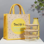 Good Life Jute Reversible Dessert Printed Lunch Bag 25.5 x 25.5 Cm in Turq & Yellow Colour - HomeTown