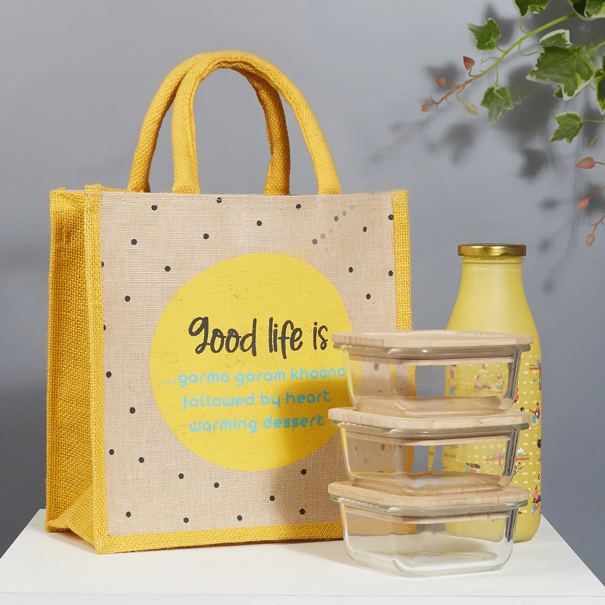 Good Life Jute Reversible Dessert Printed Lunch Bag 25.5 x 25.5 Cm in Turq & Yellow Colour - HomeTown