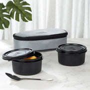 Microsafe 100% BPA Free Plastic & Stainless Steel Mega Lunch Box 400ml Set of 2 + Carry Bag in Grey Colour - HomeTown