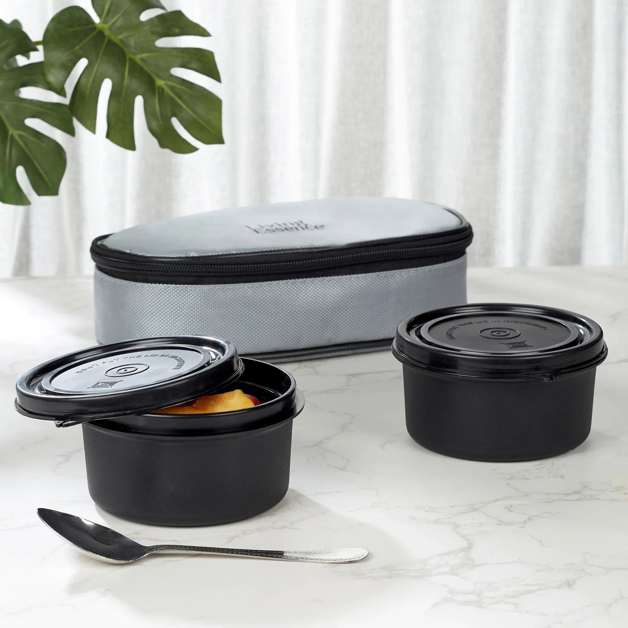 Microsafe 100% BPA Free Plastic & Stainless Steel Mega Lunch Box 400ml Set of 2 + Carry Bag in Grey Colour - HomeTown