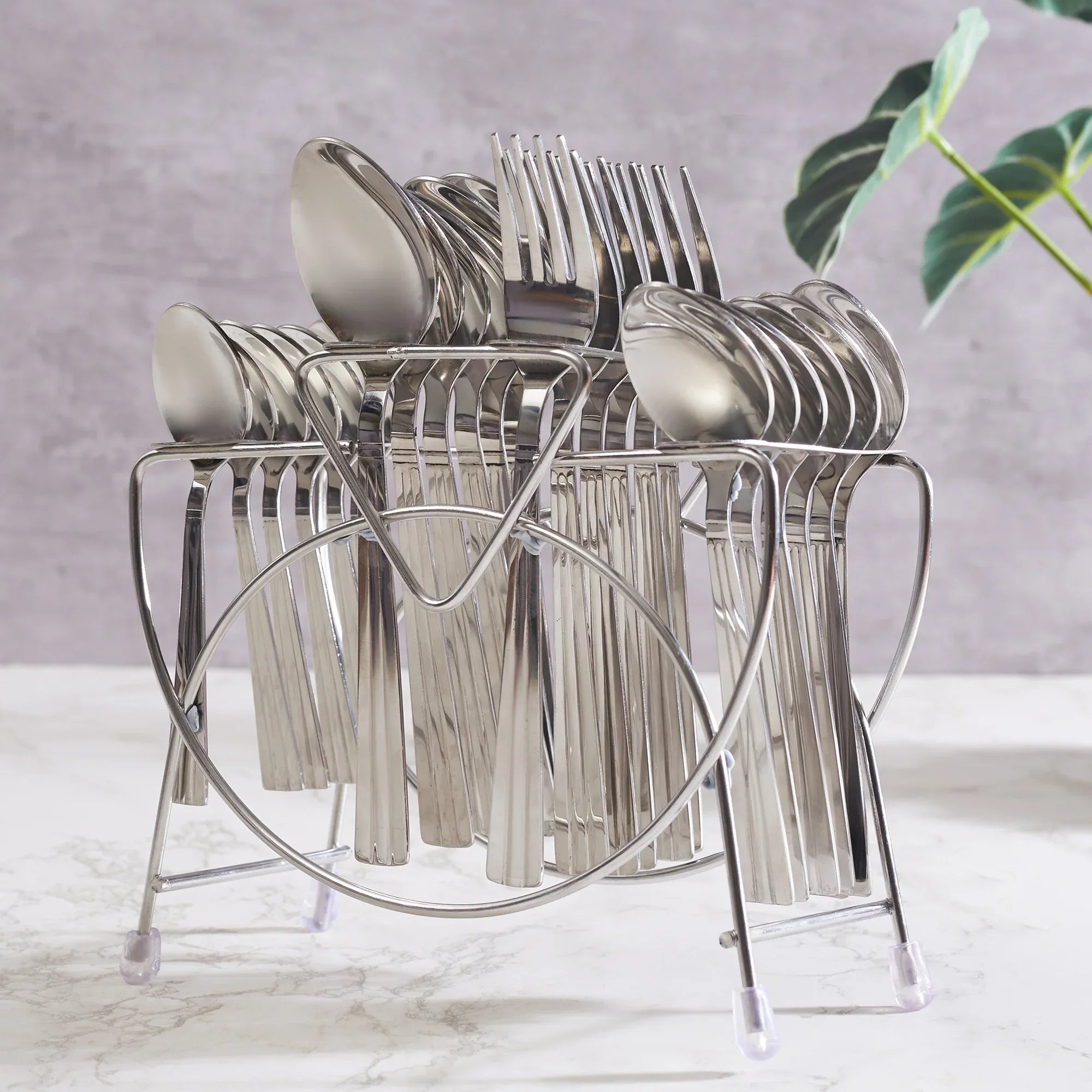 Utsav Stainless Steel Silk Cutlery Set of 24 Pieces With Stand in Silver Colour - HomeTown