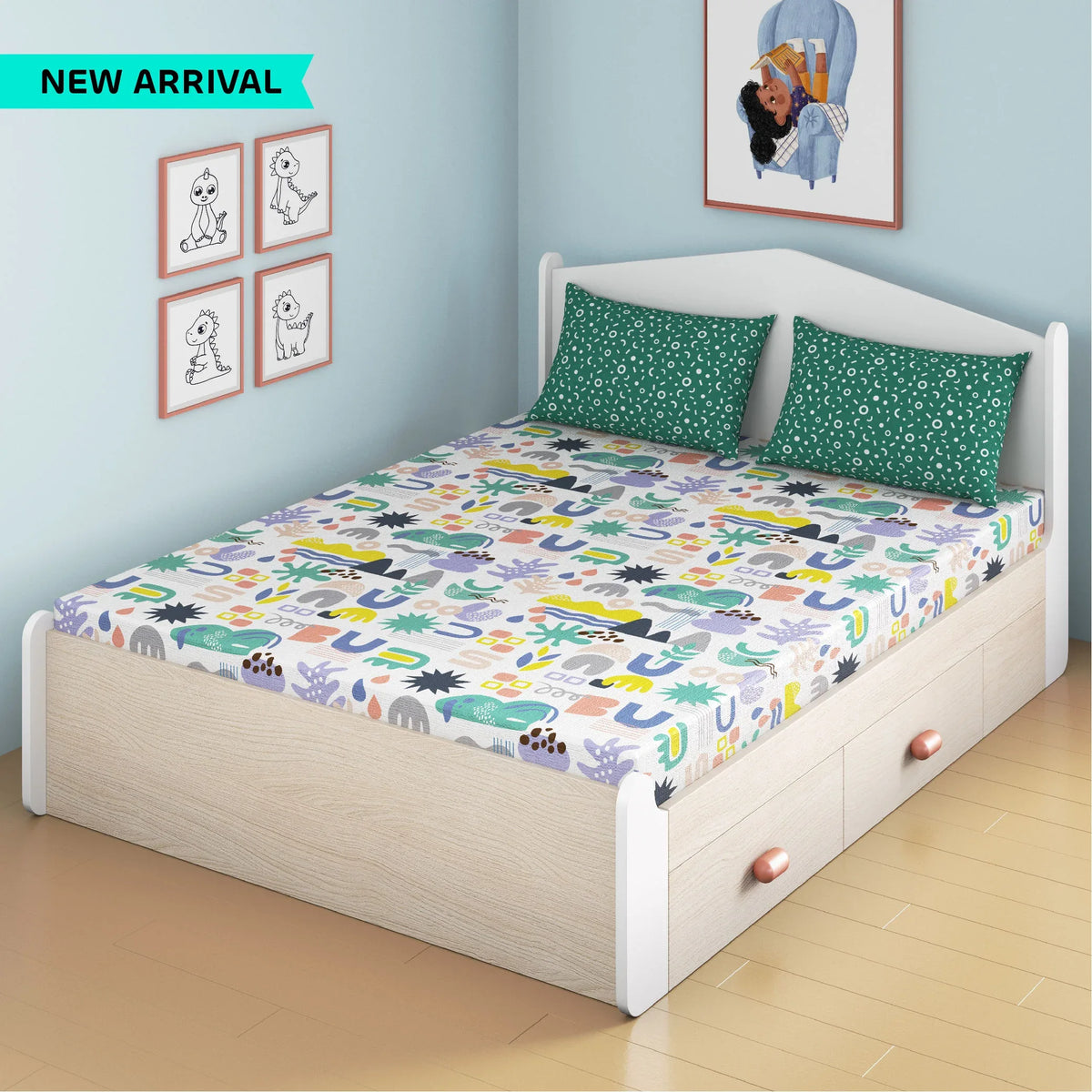 Oodles of Doodles Bamboo Cotton Queen Fitted Bedsheet in Multi Colour - HomeTown