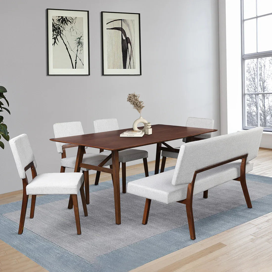 Lillian Solidwood Six Seater Dining Set With Bench in Walnut Colour - HomeTown