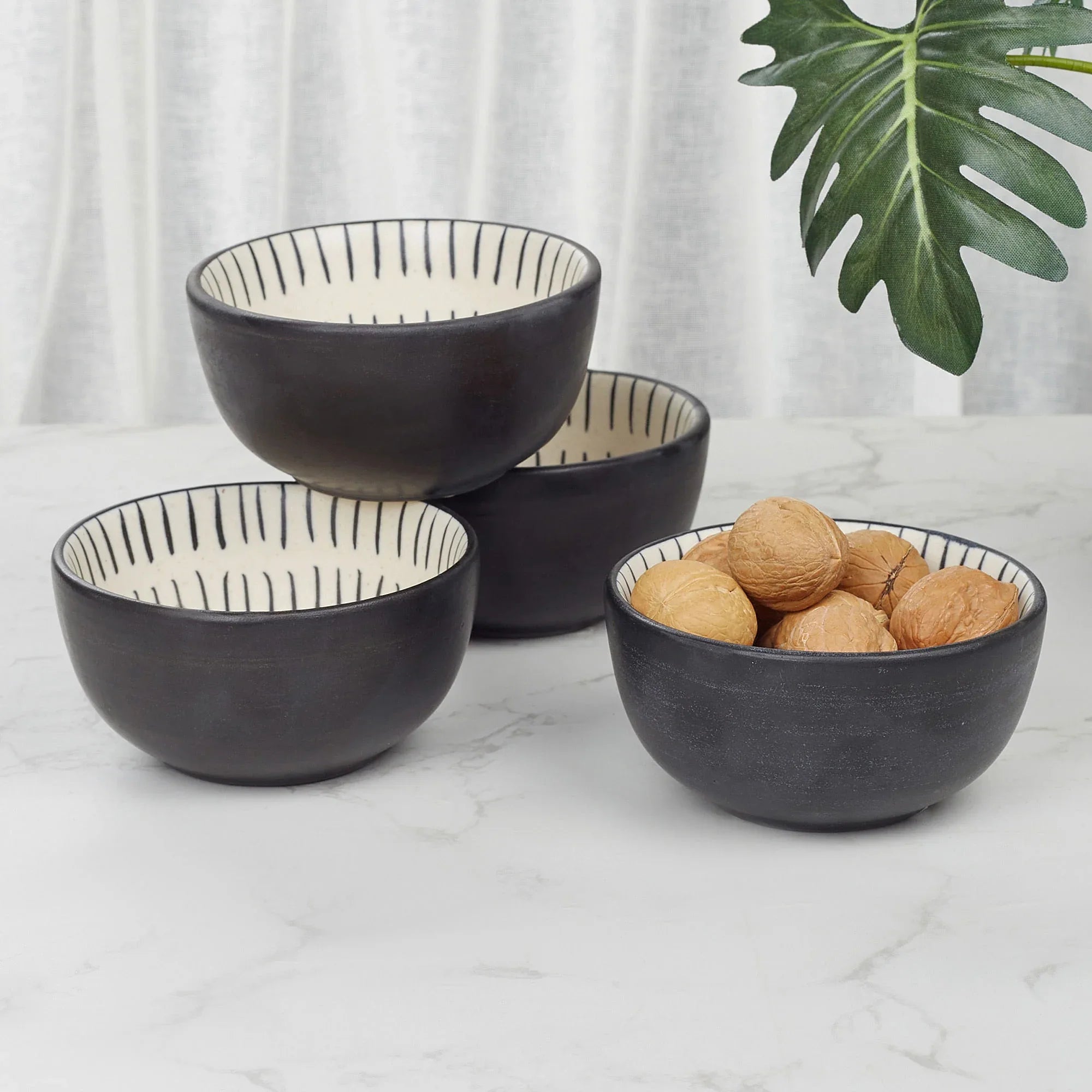 Artisanal Studio Pottery Stoneware Veg Bowl/Katori Set of 4 in Black & Ecru Colour - HomeTown