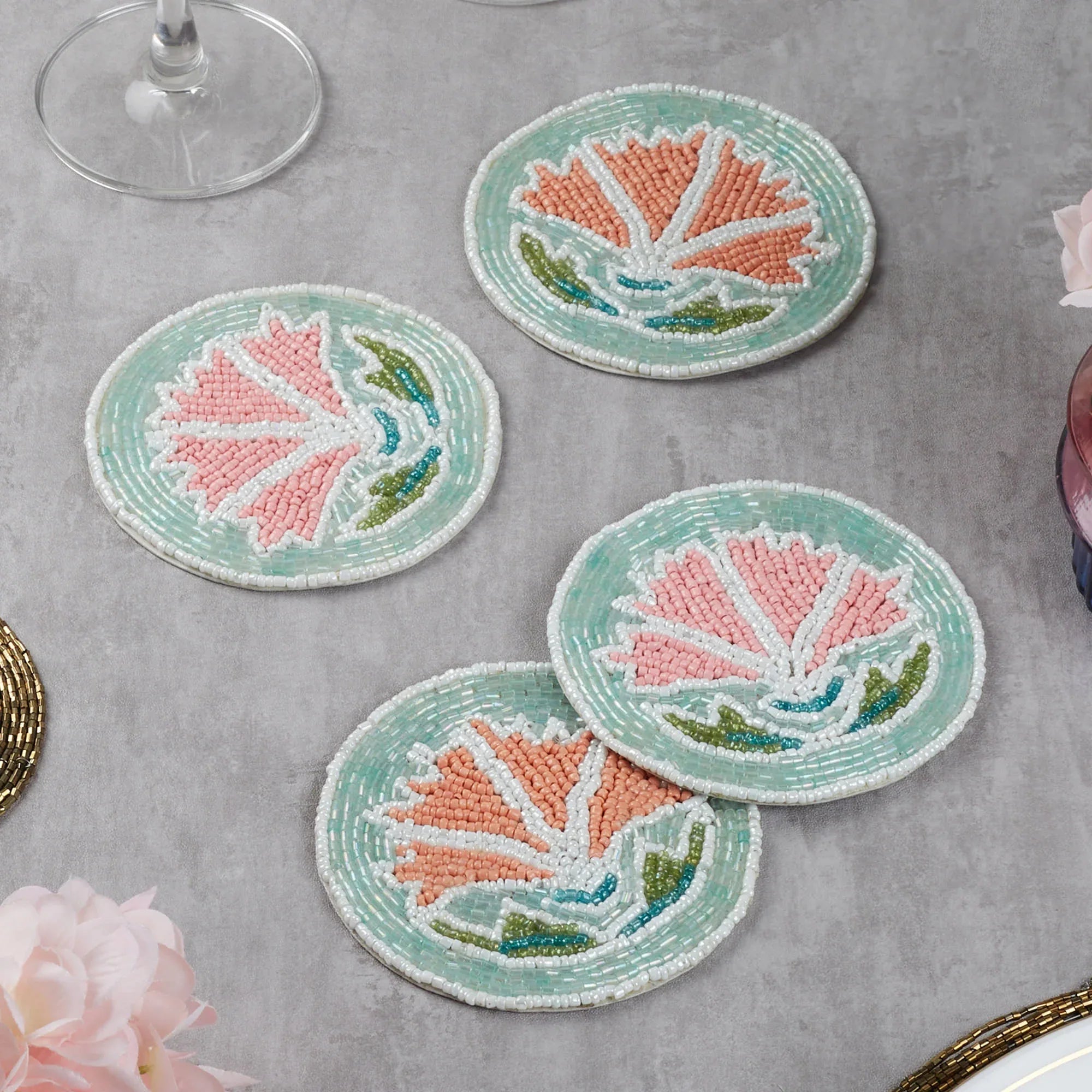 Anar Handmade Beaded Coaster Set Of 4 Dia 10 Cm in Multi Colour - HomeTown