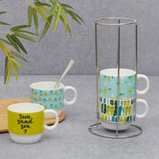 Bahamas Bone China Vacay Stackable 220 Ml Tea Mug Set of 4 with Stand in Multi Colour - HomeTown