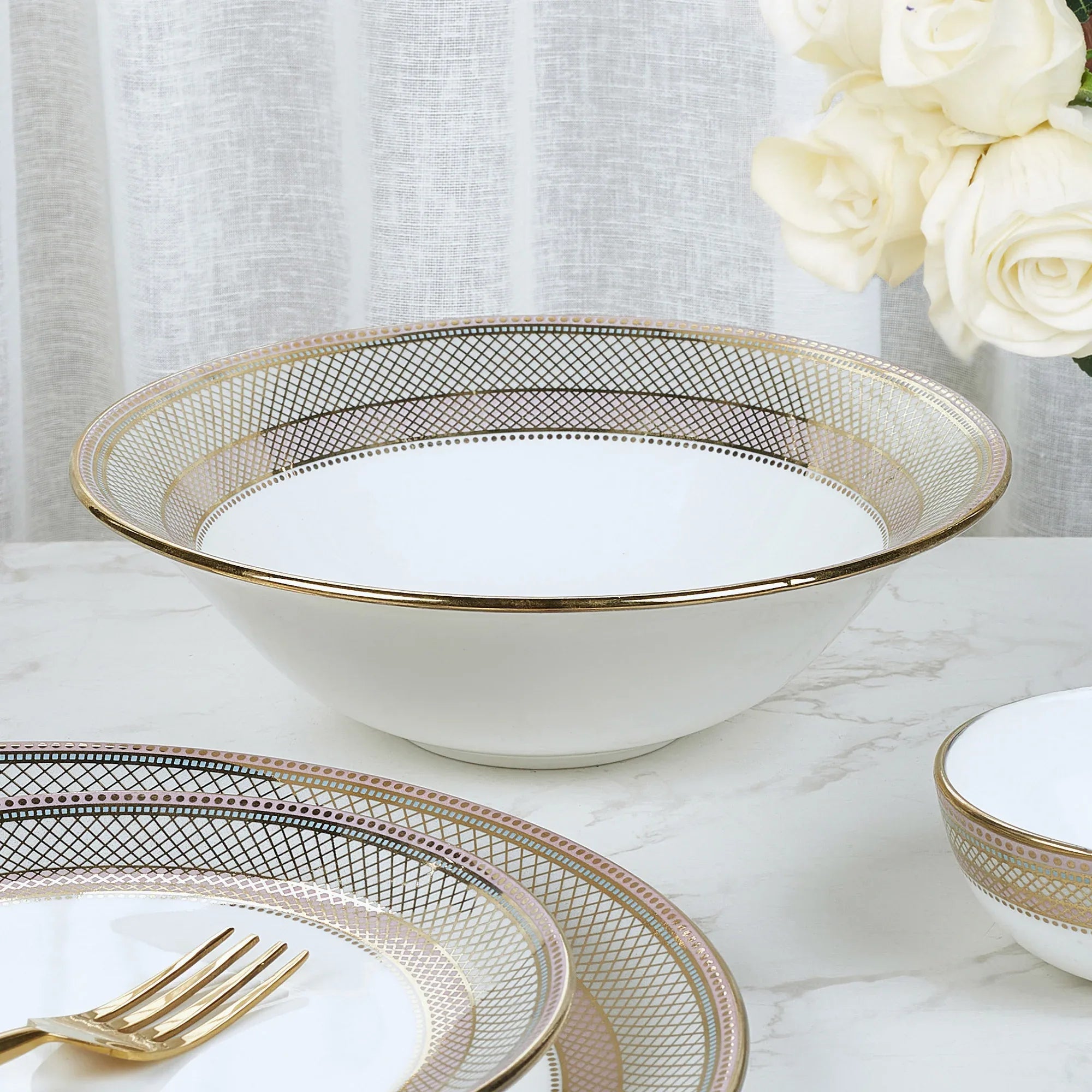 Amour Real Gold-Plated Bone China Charlotte Serving Bowl in Pink & White Colour - HomeTown