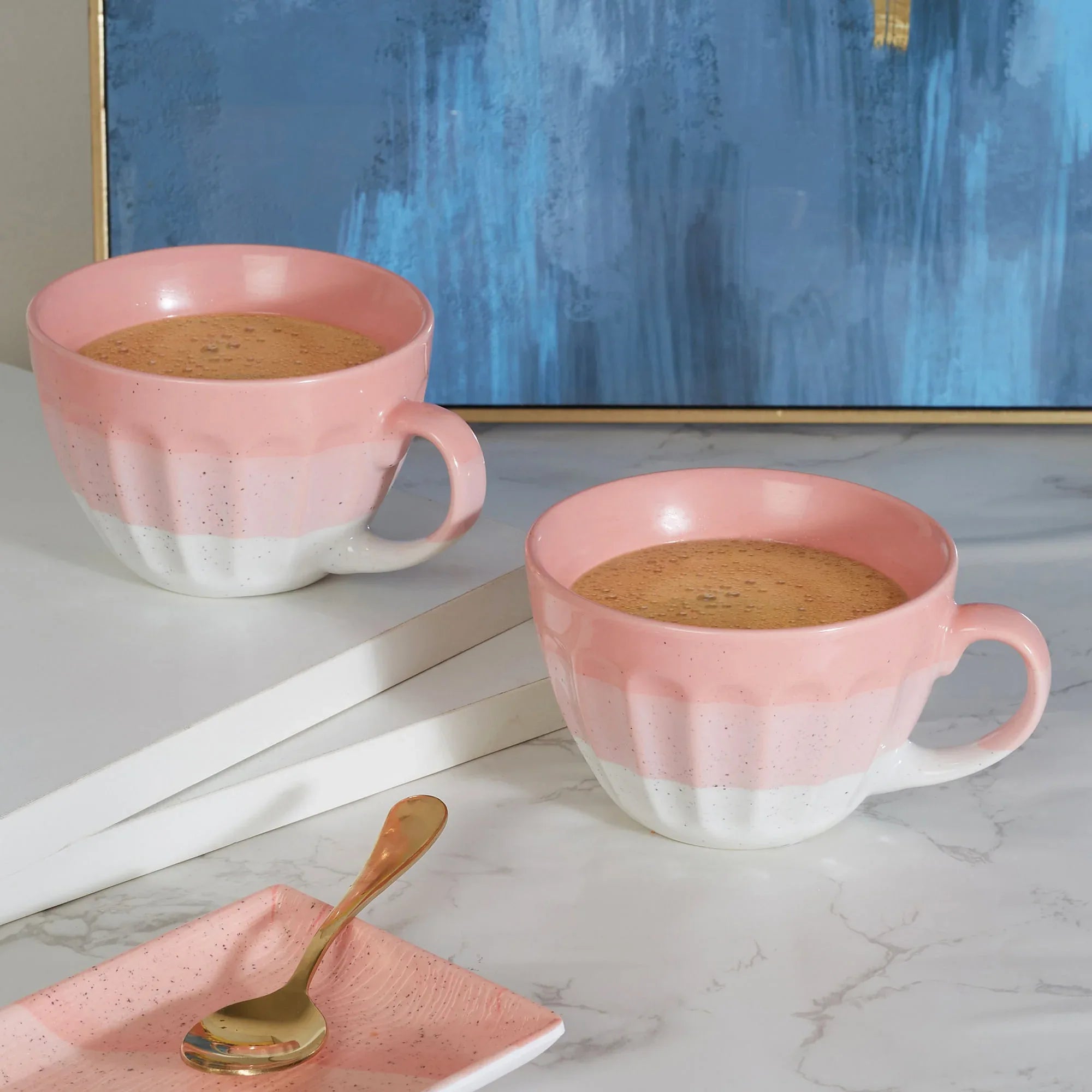 Emilia Ceramic Cappucino/Coffee Mug 400ml Set of 2 in Dusky Pink Colour - HomeTown