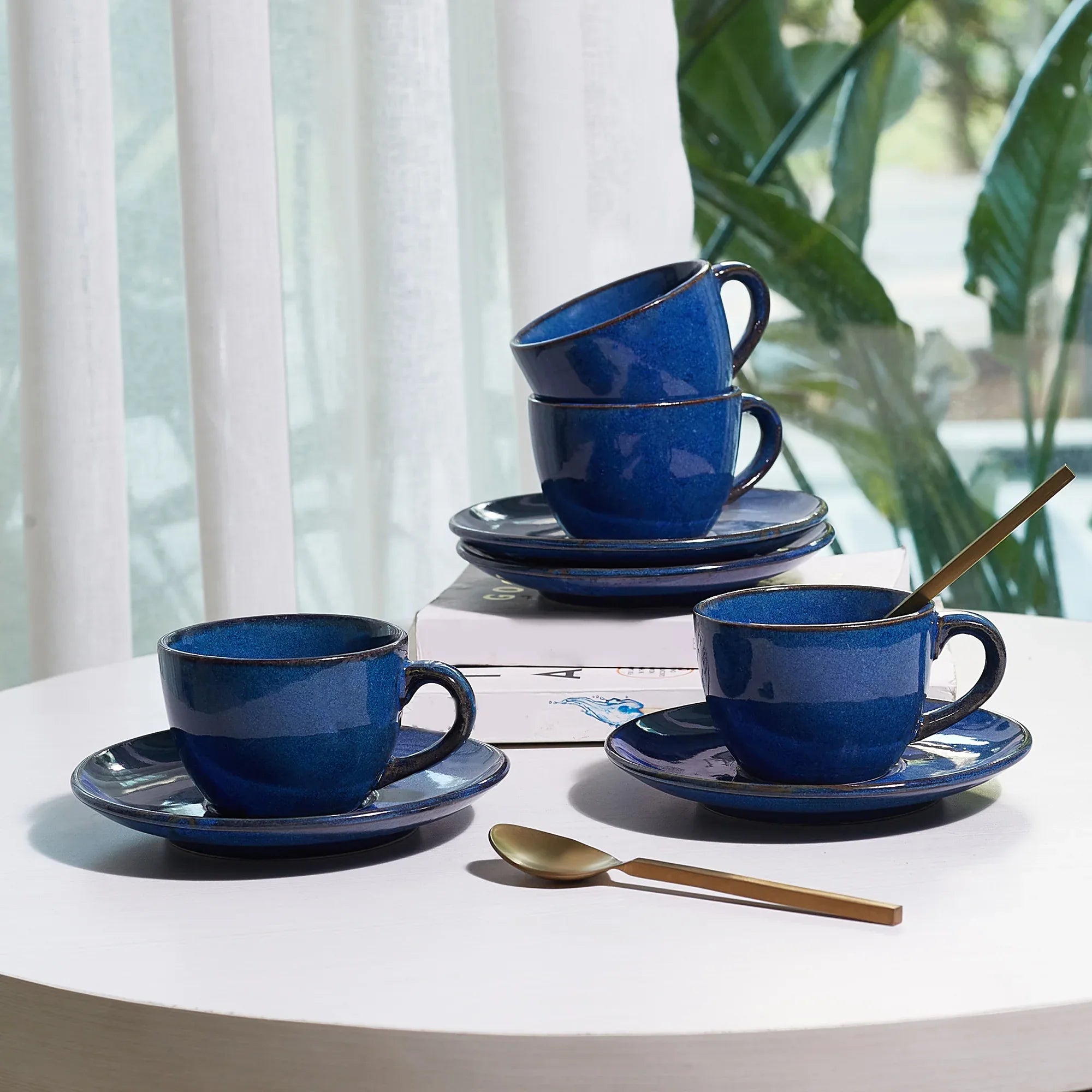 Hygge Studio Pottery Stoneware Cup & Saucer Set of 4 in Navy Blue Colour - HomeTown