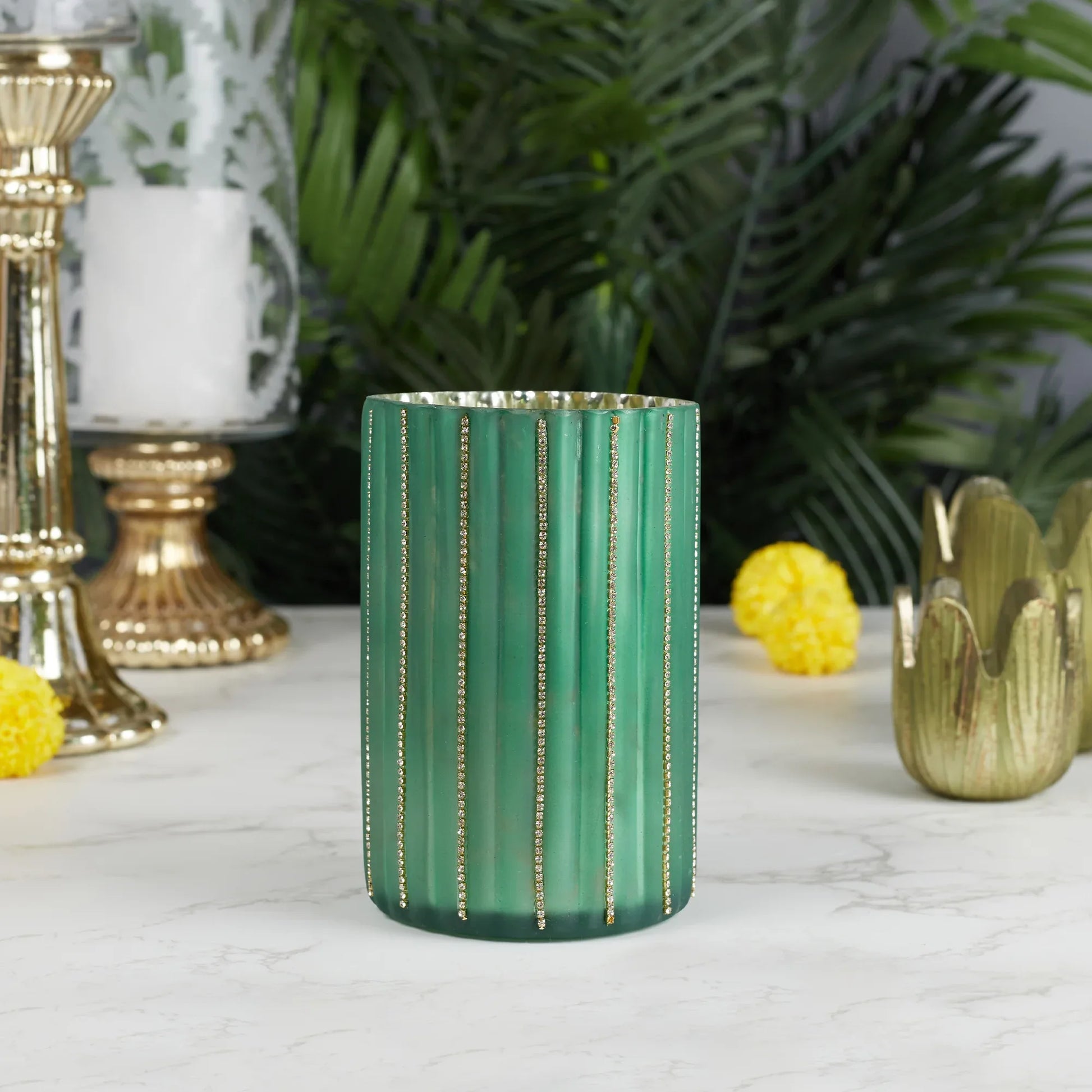 Phiona Glass Diamond Stud Handcrafted Votive 15 Cm in Emerald Colour - HomeTown