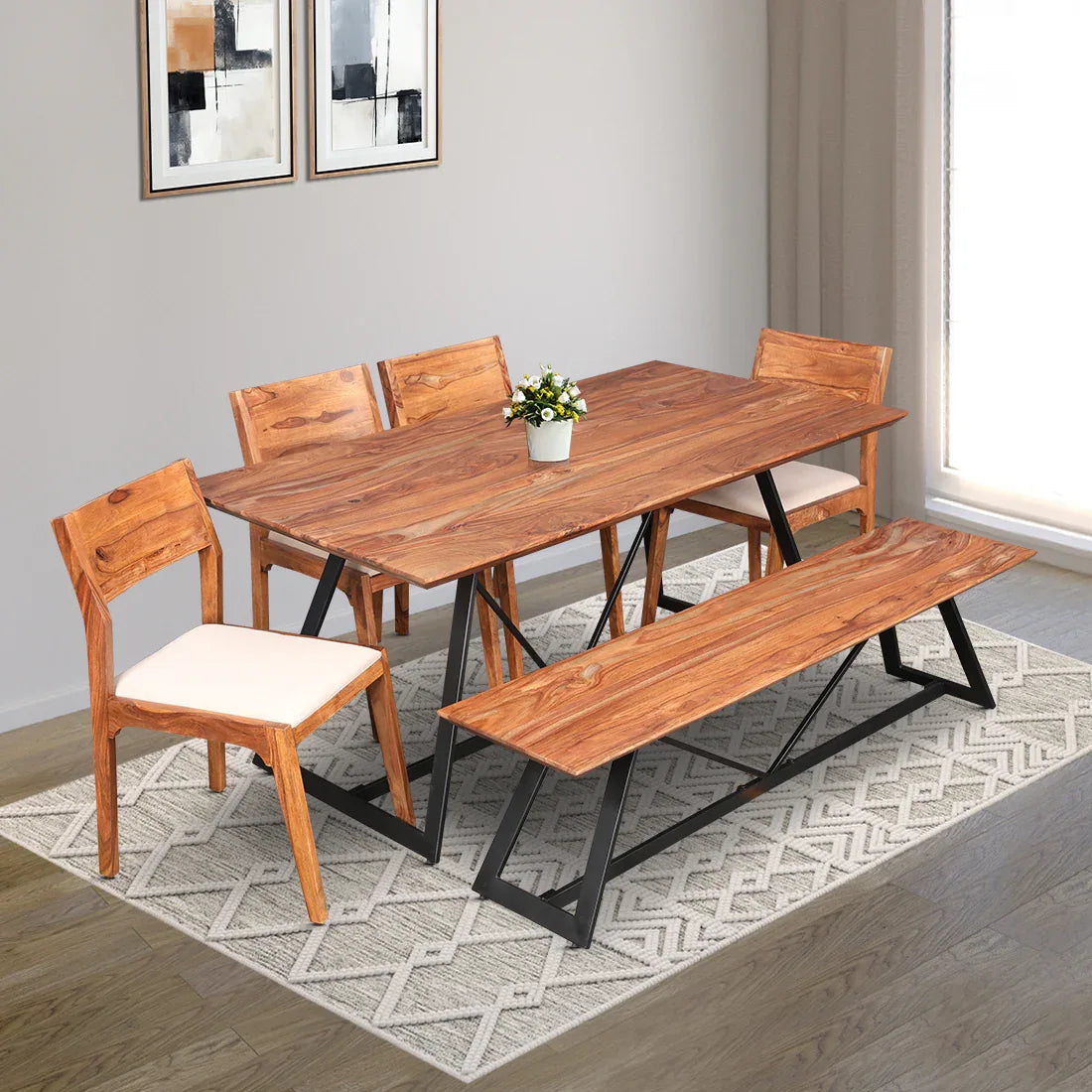 Axel Solidwood Six Seater Dining Set With Bench in Natural Sheesham Colour - HomeTown