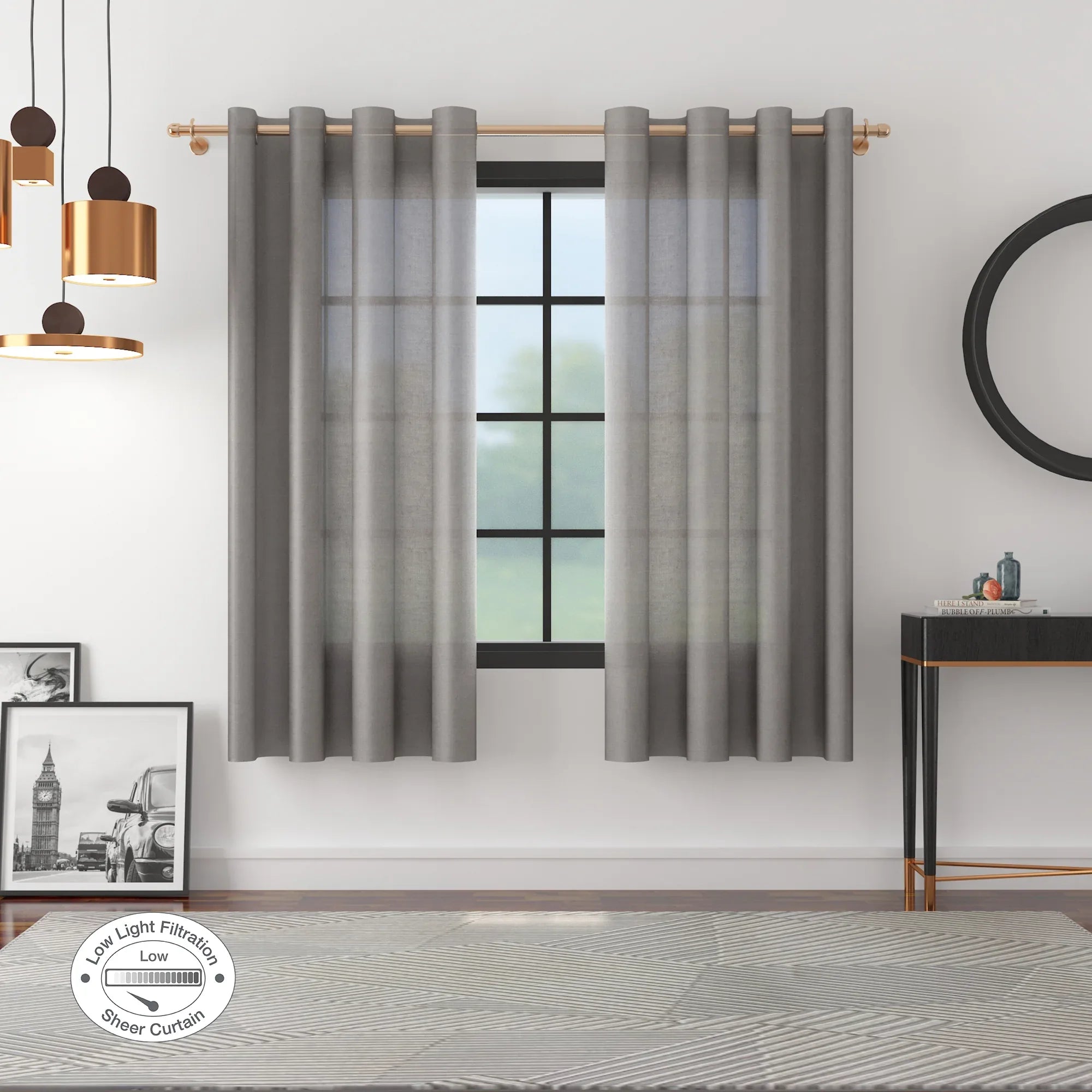 Fiesta Set of 2 Solid Textured Sheer Window Curtains 5 Feet in Charcoal Colour - HomeTown
