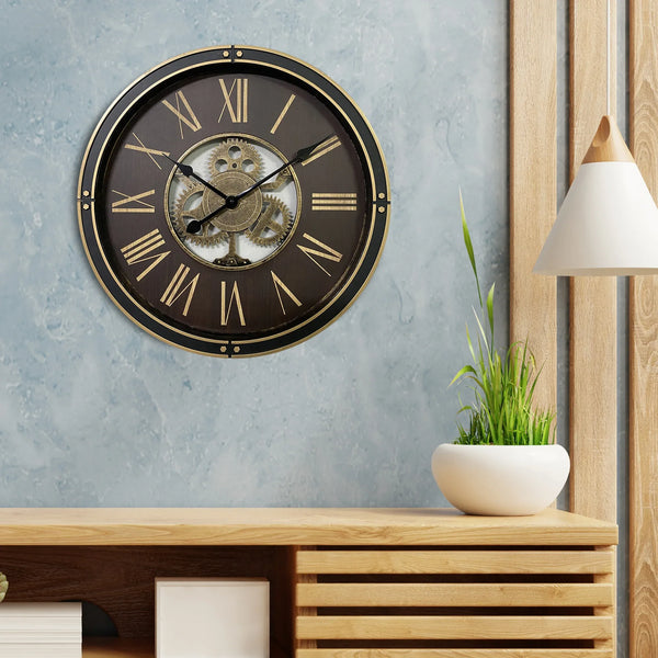 Aristo  Wheels and Cogs Classic Wall Clock Wooden Finish, Diameter 50cm in Brown Colour dimensions