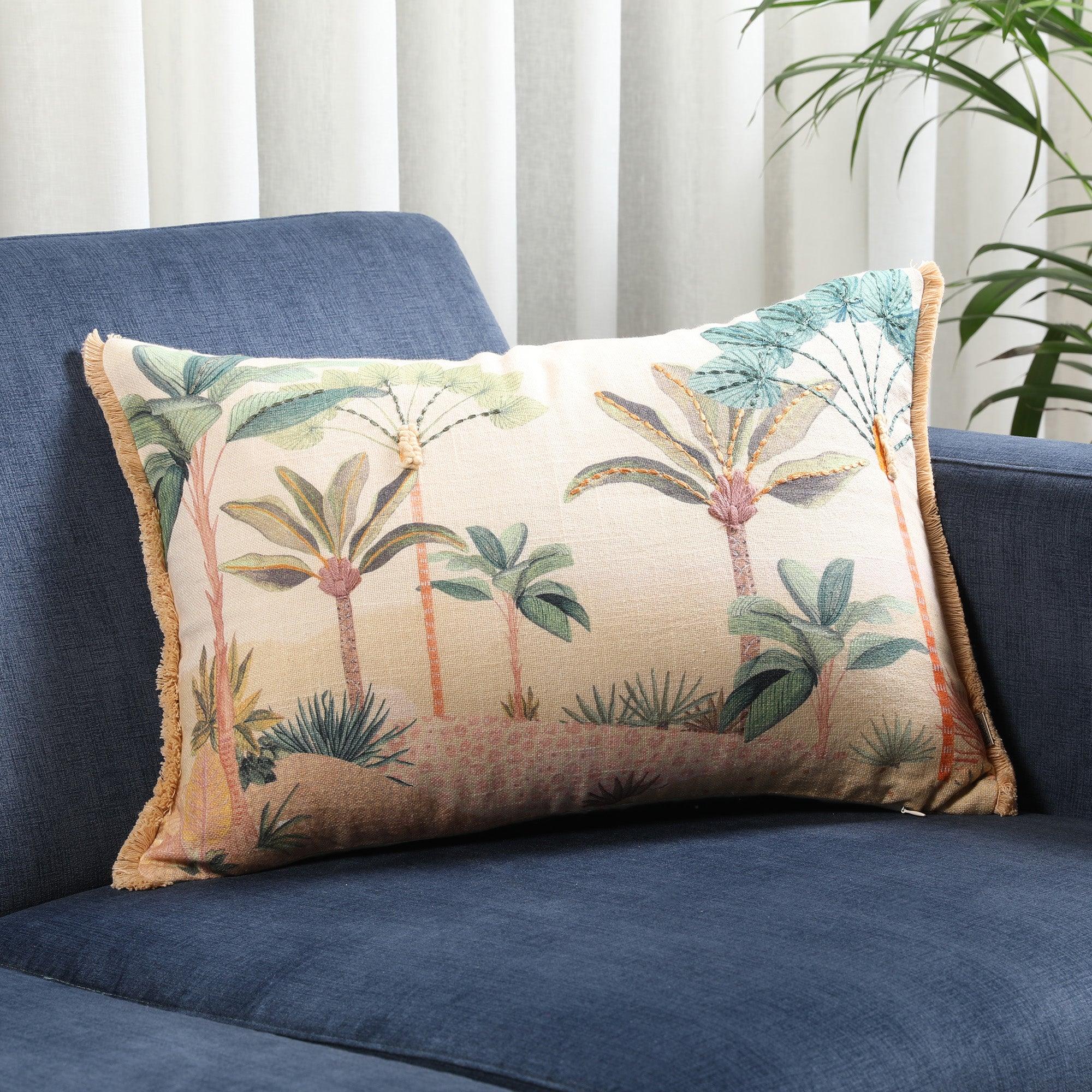 Indian Botanical Cotton Cushion Cover 35x50 cm in Beige Green Colour - HomeTown