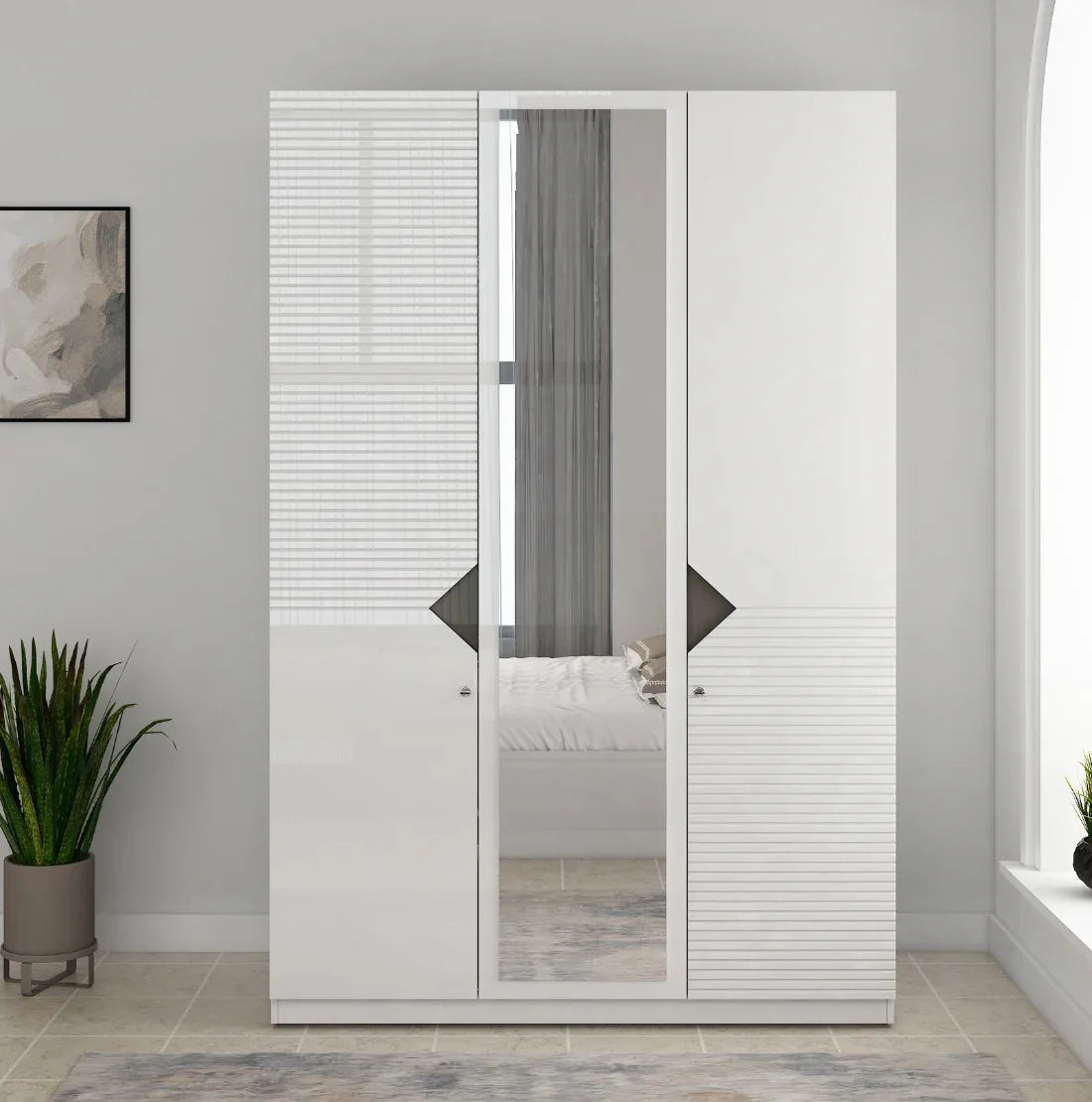 Gwen Three Door Wardrobe With Mirror in White Colour - HomeTown