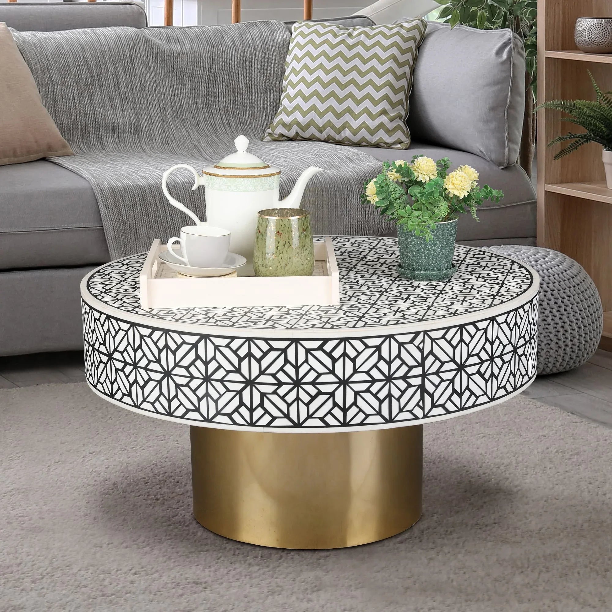 Ossein Iron New Center Table in Black & White Colour - HomeTown