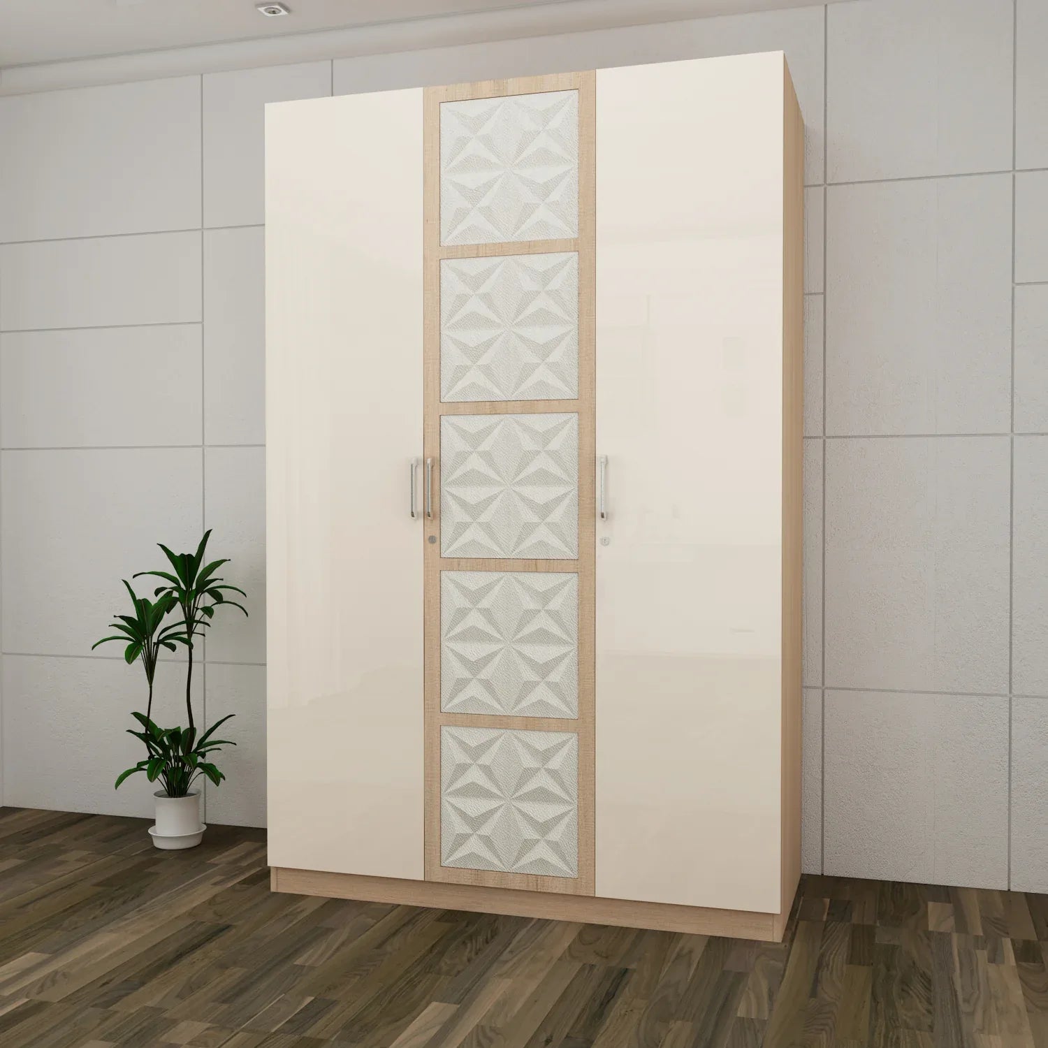 Jordan Three Door Wardrobe in Sonam Oak & White Colour - HomeTown