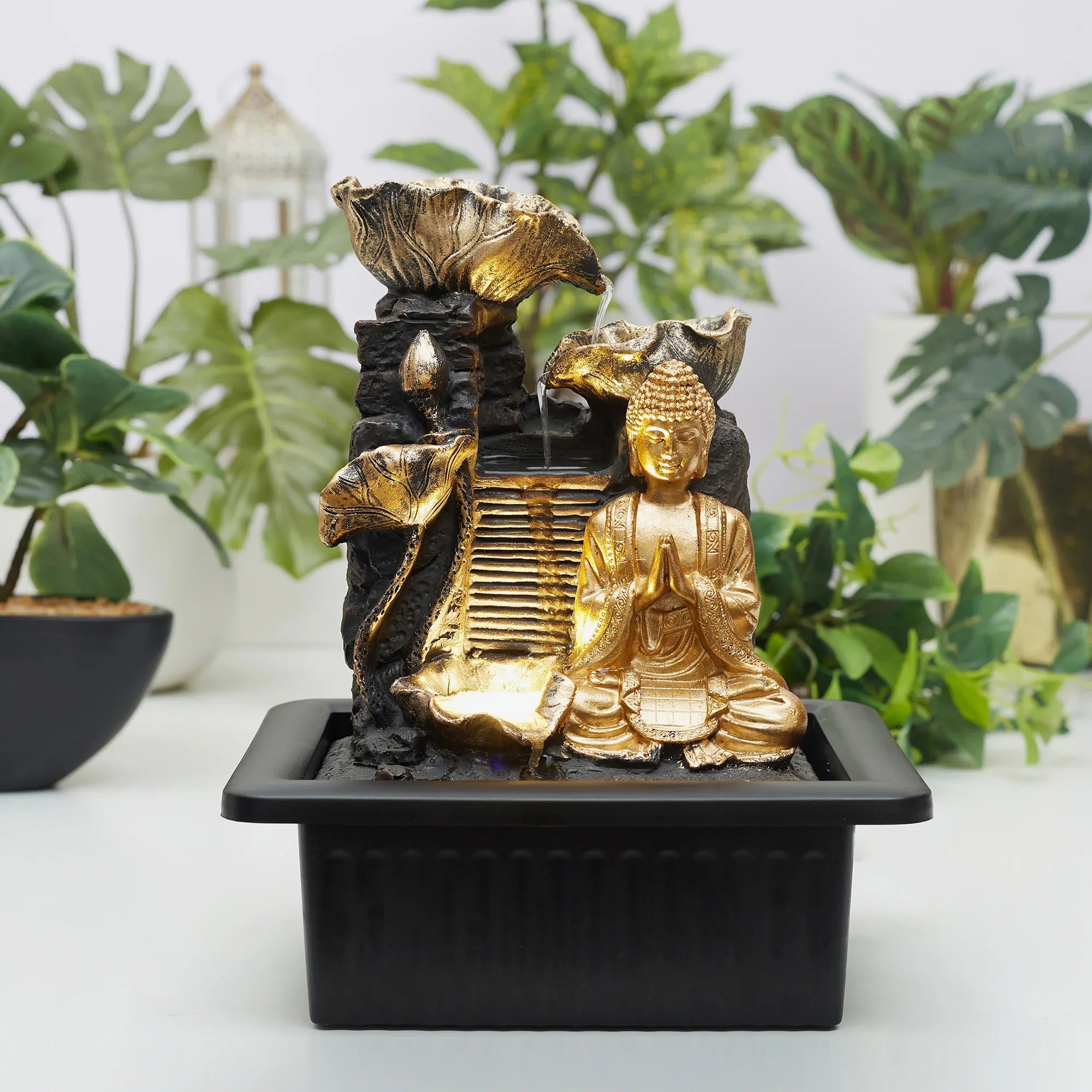 Impression Polyresin Buddha Petal Water Fountain 21x17x25 Cm in Antique Gold Colour - HomeTown