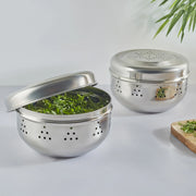 Glisto Stainless Steel Flat Canister/Puri Dabba/ Sprout Maker/Herb Container Set of 2 with Air Ventilation in Silver Colour - HomeTown