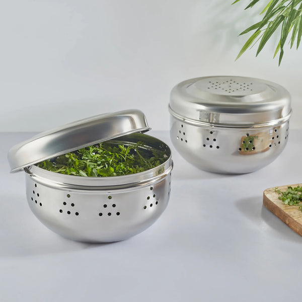 Glisto Stainless Steel Flat Canister/Puri Dabba/ Sprout Maker/Herb Container Set of 2 with Air Ventilation in Silver Colour dimensions
