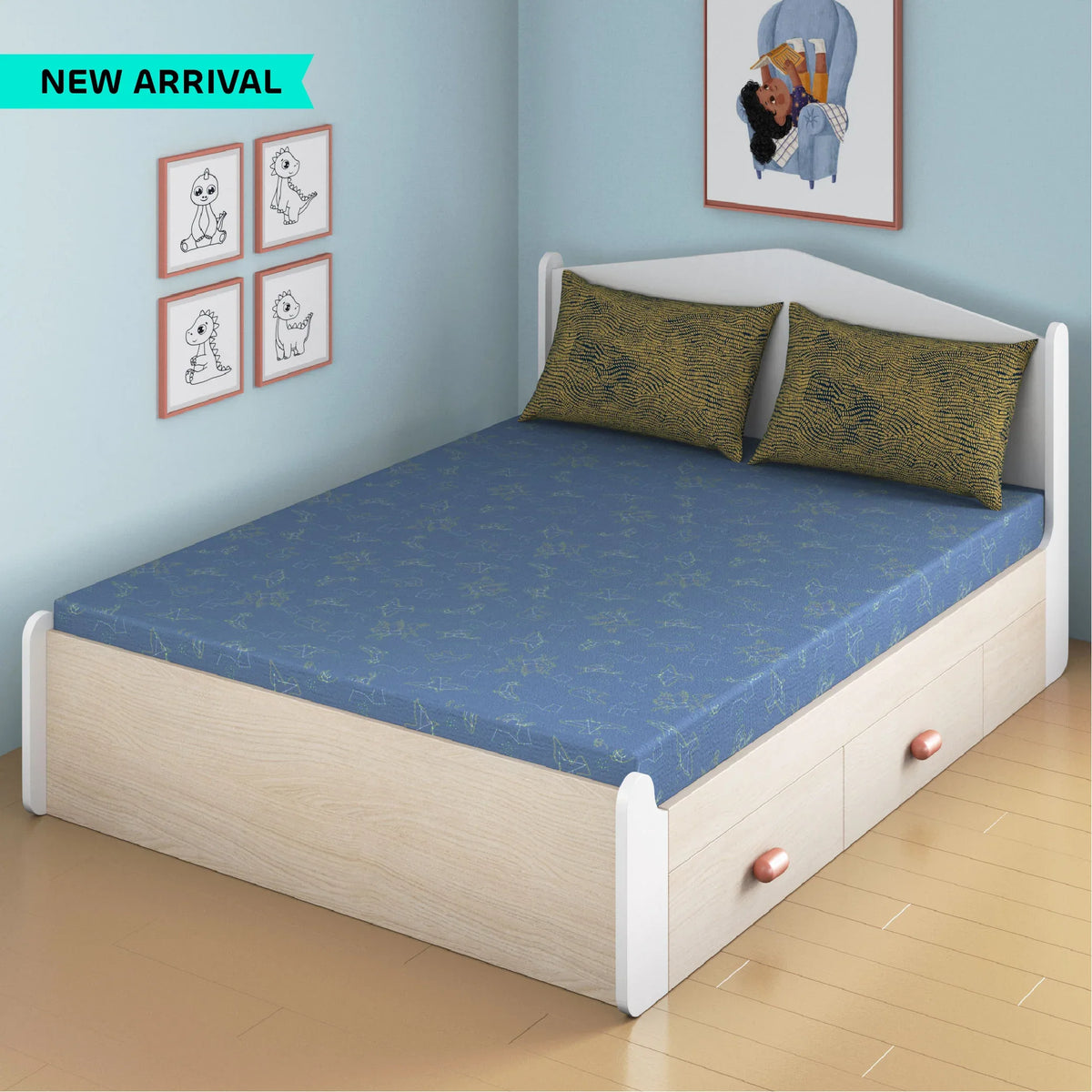 Constellation Glow Bamboo Cotton Queen Fitted Bedsheet in Blue Colour - HomeTown