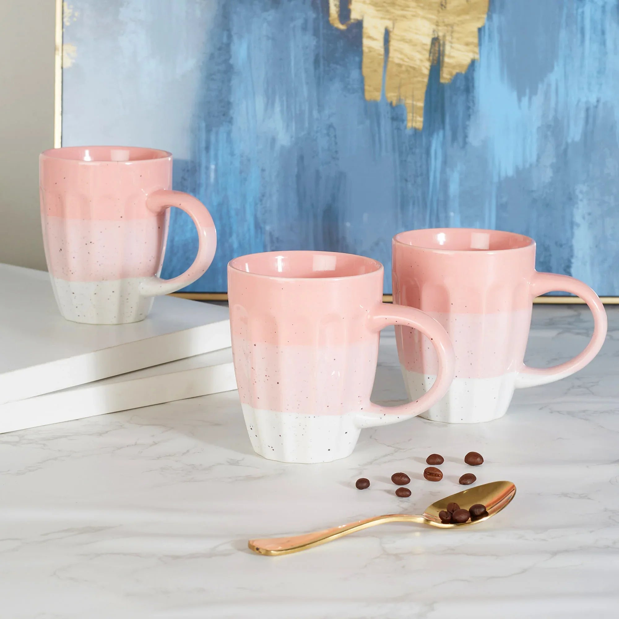 Emilia Ceramic Coffee Mug 320ml Set of 3 in Dusky Pink Colour - HomeTown